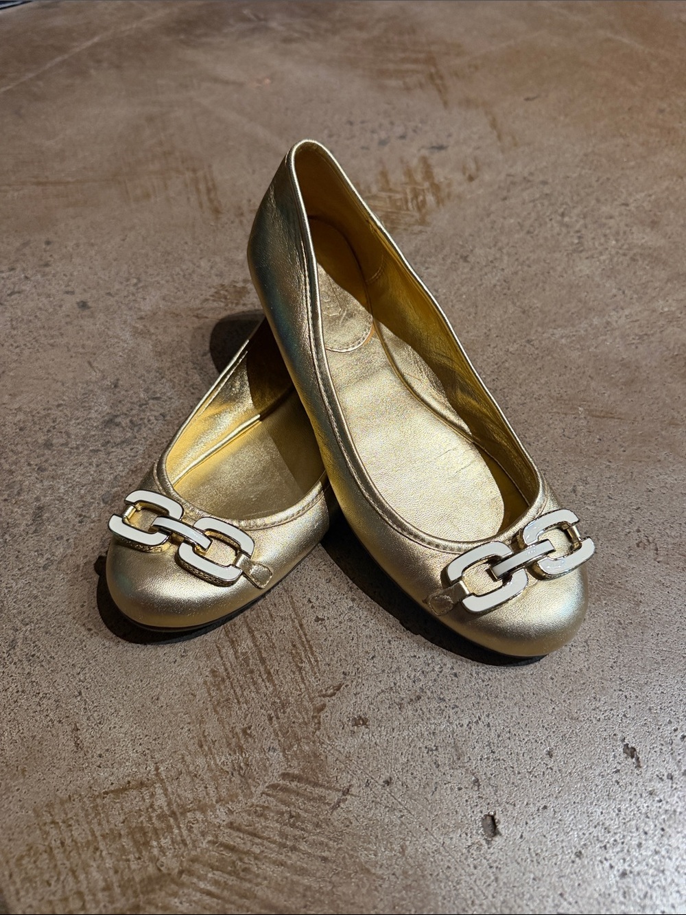 Coach Gold Leather Ballet Flats with Chain-Link Accent